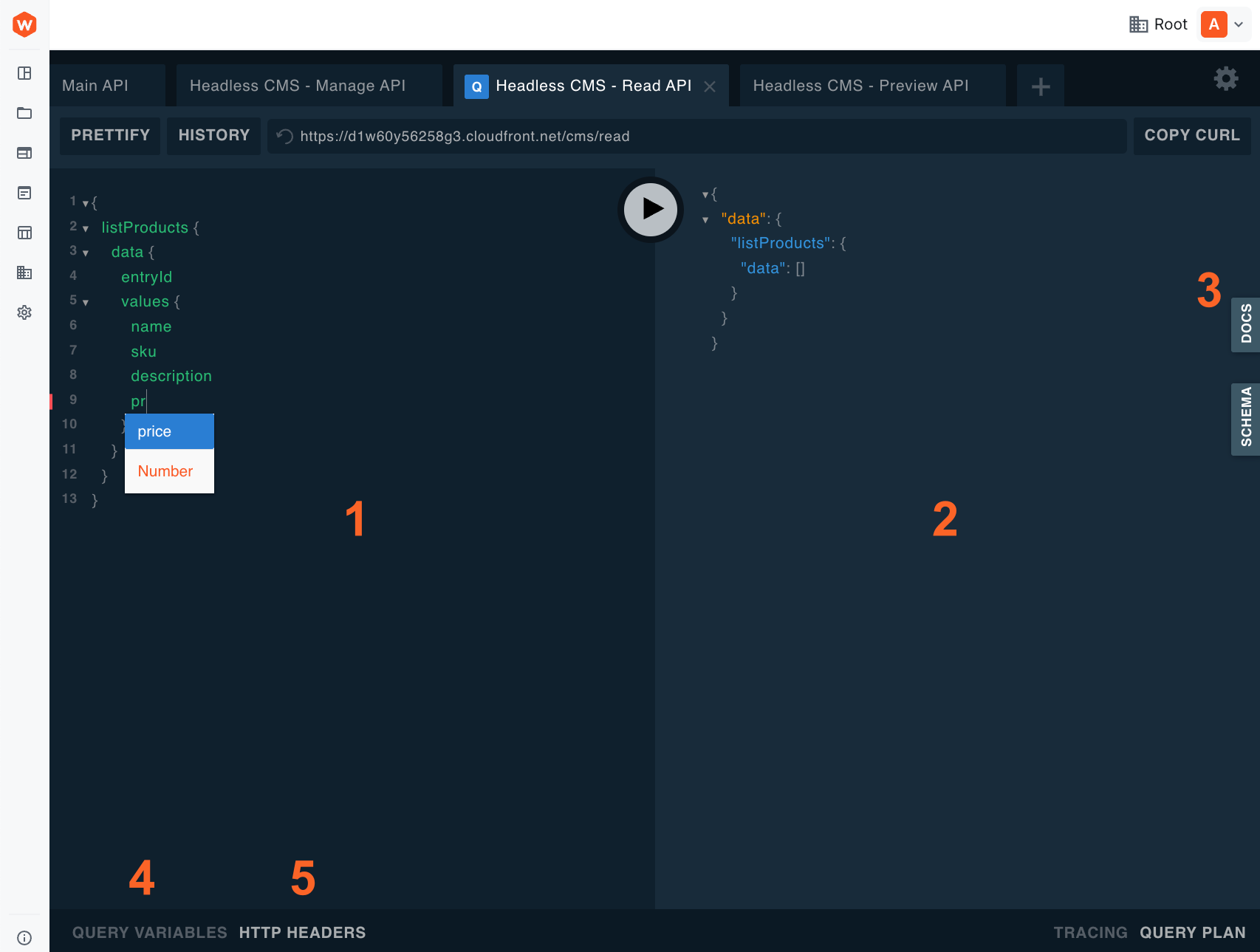 API Playground interface with the five key areas labeled: Query Editor, Response Panel, DOCS button, Query Variables, and HTTP Headers