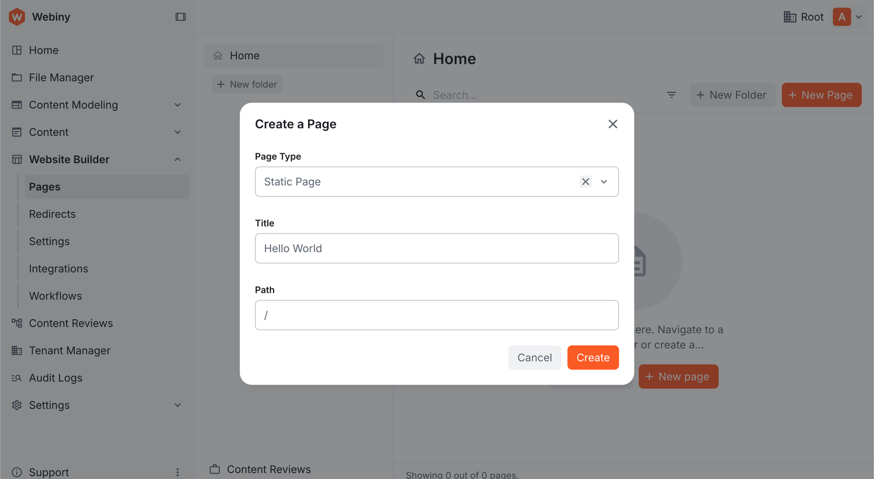 Create a Page dialog with Title set to Hello World and Path set to /